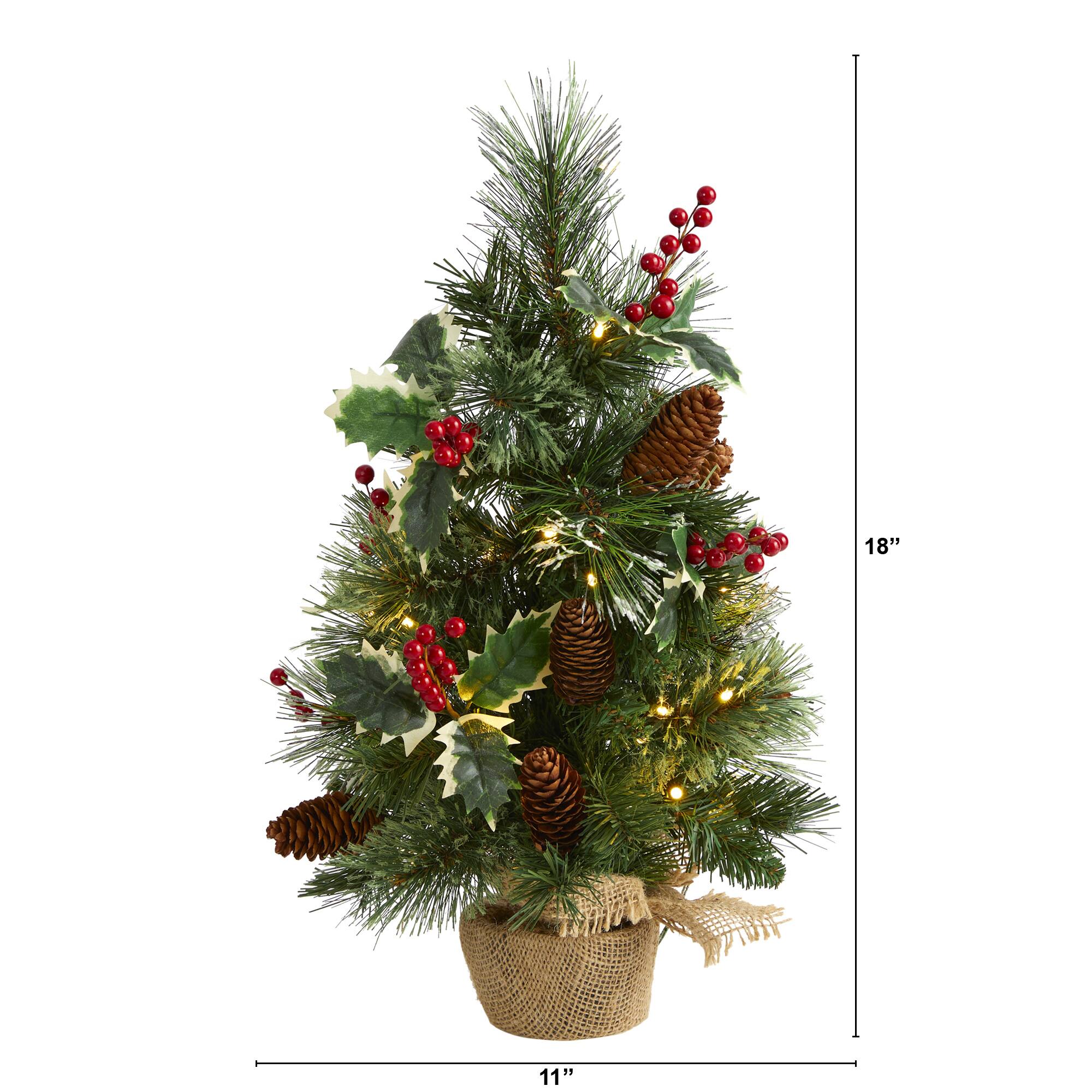 18" Pre-Lit Mixed Pine Artificial Christmas Tree with Holly Berries & Pinecones, Clear LED Lights